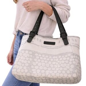 Bottega Veneta Tote Bag Womens Large Cream Grey Canvas Abstract Print Leather‎